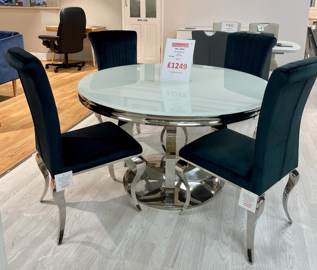 Vida Orion White Glass Table and 4 Nicole Chairs (Clearance)